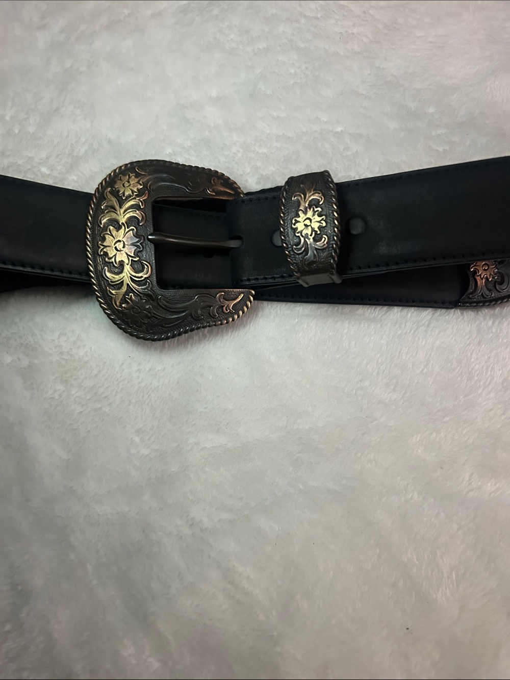 Black Leather Western Belt with Ornate Gold-Tone Buckle